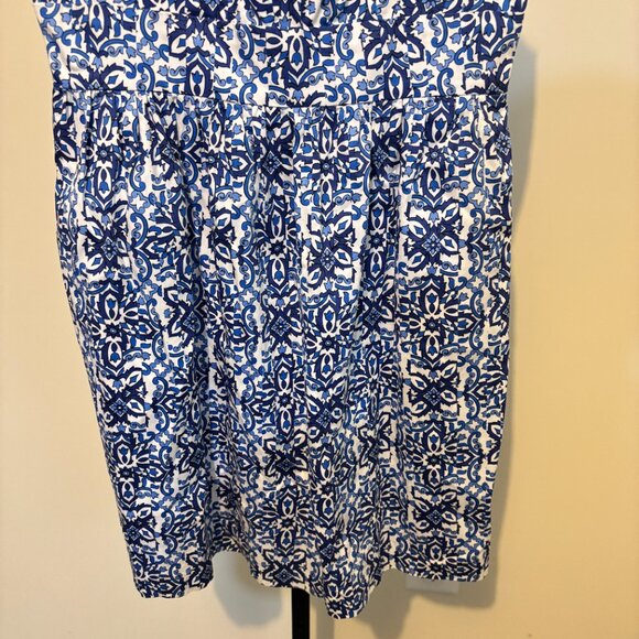 Milly Fit and Flare Blue White Print V Neck Sleeveless Dress - Picture 9 of 13